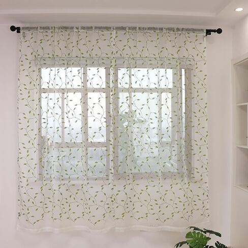بطيئة الروح 2 لوحات الأخضر المطرزة يترك شير الستار فو الكتان شبه شير الفوال نافذة الستائر الستائر لغرفة النوم غرفة المعيشة قضيب جيب 52W × 90L بوصة in Kuwait