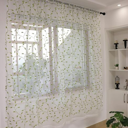 بطيئة الروح 2 لوحات الأخضر المطرزة يترك شير الستار فو الكتان شبه شير الفوال نافذة الستائر الستائر لغرفة النوم غرفة المعيشة قضيب جيب 52W × 90L بوصة in Kuwait
