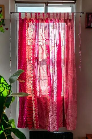 Home Decorative Silk Sari Curtains Unique Patchwork Design Light Filtering Window Panels for Living Room and Bedroom 84-inch Length (Pink) in Saudi Arabia