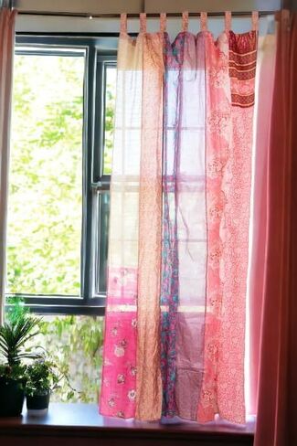 Home Decorative Silk Sari Curtains Unique Patchwork Design Light Filtering Window Panels for Living Room and Bedroom 84-inch Length (Pink) in Saudi Arabia