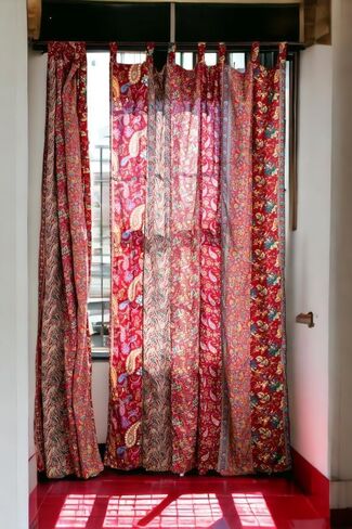 Home Decorative Silk Sari Curtains Unique Patchwork Design Light Filtering Window Panels for Living Room and Bedroom 84-inch Length (Pink) in Saudi Arabia