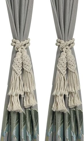 2Pcs Curtain Tiebacks Ropes Tassel Holdbacks Handmade Cotton Rope Window Curtain Buckle Clip Holder Boho Macrame Drapery Tie-Backs Rope Decorative Rope Curtain Ties for Home Office Dorm Patio in Kuwait