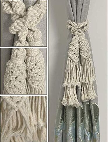 2Pcs Curtain Tiebacks Ropes Tassel Holdbacks Handmade Cotton Rope Window Curtain Buckle Clip Holder Boho Macrame Drapery Tie-Backs Rope Decorative Rope Curtain Ties for Home Office Dorm Patio in Kuwait