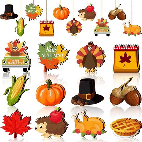 Jetec 24 Pcs Thanksgiving Ornaments Decorations for Tree Indoor Fall Wood Turkey Ornaments Pumpkin Leaves Acorns Thanksgiving Hanging Decor with String Vintage Plaques for Tree Ceiling Harvest Party in Saudi Arabia