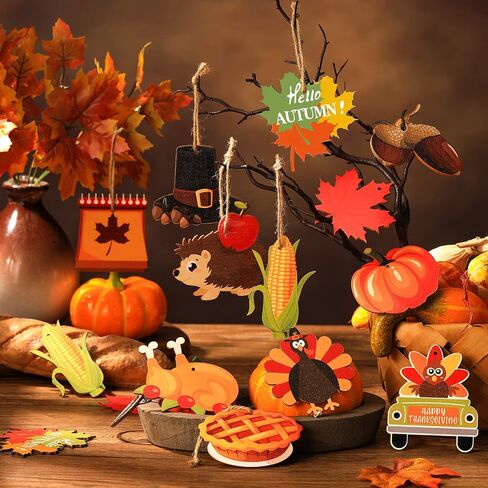 Jetec 24 Pcs Thanksgiving Ornaments Decorations for Tree Indoor Fall Wood Turkey Ornaments Pumpkin Leaves Acorns Thanksgiving Hanging Decor with String Vintage Plaques for Tree Ceiling Harvest Party in Saudi Arabia