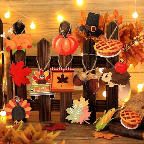 Jetec 24 Pcs Thanksgiving Ornaments Decorations for Tree Indoor Fall Wood Turkey Ornaments Pumpkin Leaves Acorns Thanksgiving Hanging Decor with String Vintage Plaques for Tree Ceiling Harvest Party in Saudi Arabia