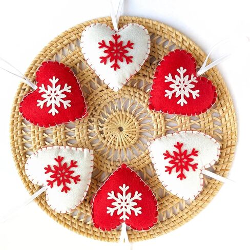 Christmas Heart Ornament Set - Set of 6 White and Red Felt Hearts with Snowflake Design - Heart Decorations for Christmas Tree - Stuffed Heart Ornaments - Handmade Scandinavian Style in Saudi Arabia