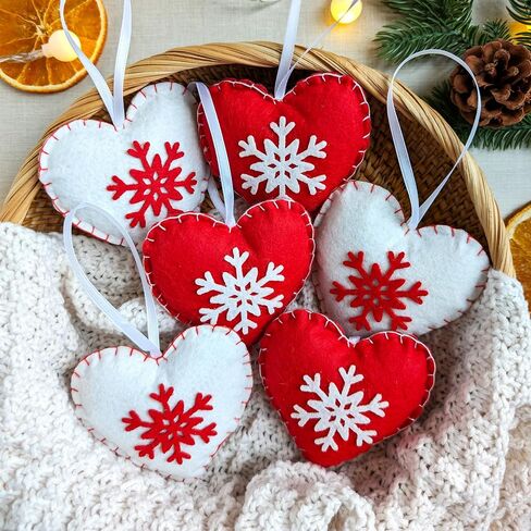 Christmas Heart Ornament Set - Set of 6 White and Red Felt Hearts with Snowflake Design - Heart Decorations for Christmas Tree - Stuffed Heart Ornaments - Handmade Scandinavian Style in Saudi Arabia