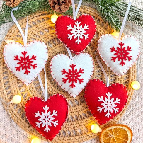Christmas Heart Ornament Set - Set of 6 White and Red Felt Hearts with Snowflake Design - Heart Decorations for Christmas Tree - Stuffed Heart Ornaments - Handmade Scandinavian Style in Saudi Arabia