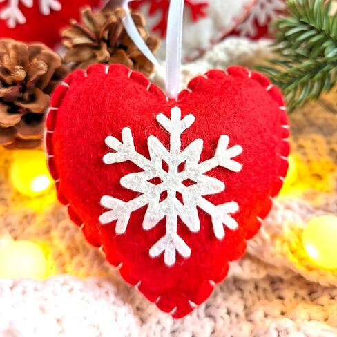Christmas Heart Ornament Set - Set of 6 White and Red Felt Hearts with Snowflake Design - Heart Decorations for Christmas Tree - Stuffed Heart Ornaments - Handmade Scandinavian Style in Saudi Arabia