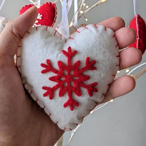 Christmas Heart Ornament Set - Set of 6 White and Red Felt Hearts with Snowflake Design - Heart Decorations for Christmas Tree - Stuffed Heart Ornaments - Handmade Scandinavian Style in Saudi Arabia
