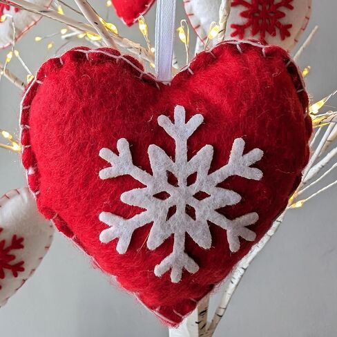 Christmas Heart Ornament Set - Set of 6 White and Red Felt Hearts with Snowflake Design - Heart Decorations for Christmas Tree - Stuffed Heart Ornaments - Handmade Scandinavian Style in Saudi Arabia