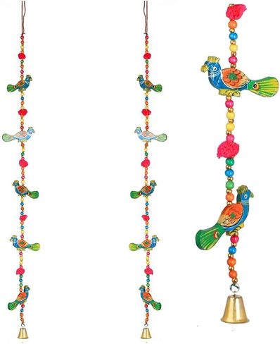 Set of 2 Indian Traditional Door Hanging 5 Wooden Birds Peacock String with Bell, Indian Traditional Decoration for home Wall Temple Bedroom kids room Décor, Gifting (Size :- 30" / 2.5 feet Approx) in Saudi Arabia