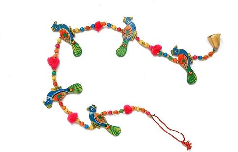 Set of 2 Indian Traditional Door Hanging 5 Wooden Birds Peacock String with Bell, Indian Traditional Decoration for home Wall Temple Bedroom kids room Décor, Gifting (Size :- 30" / 2.5 feet Approx) in Saudi Arabia