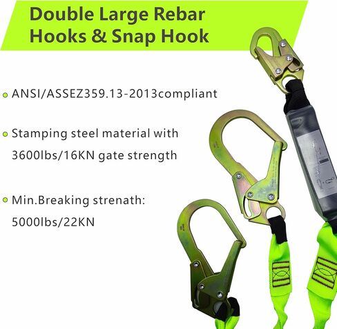 6FT Double Leg Internal Shock Absorber Safety Fall Protection Lanyard for Construction with Snap & Rebar Hook in Saudi Arabia