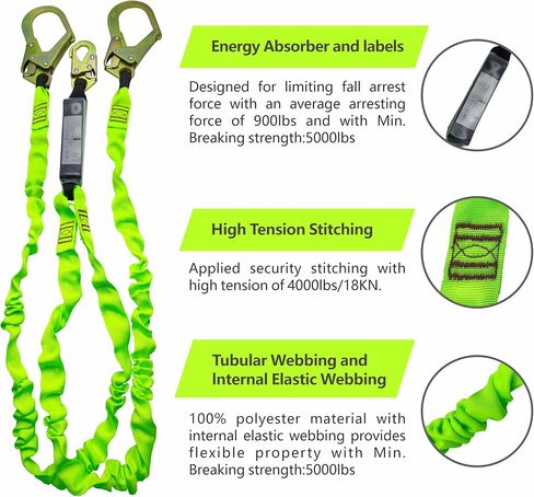 6FT Double Leg Internal Shock Absorber Safety Fall Protection Lanyard for Construction with Snap & Rebar Hook in Saudi Arabia