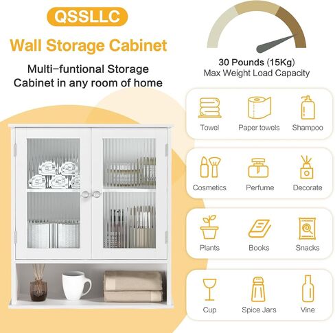 Bathroom Cabinet Wall Mount, Medicine Cabinet with Doors & Adjustable Shlef, Over The Toilet Bathroom Storage Cabinet, Wall Cabinet for Bathroom, Kitchen, Living Room, Bedroom, White in Saudi Arabia