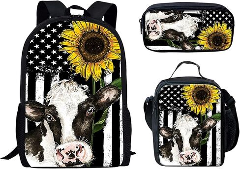 FKELYI American Flag Sunflower Shoulder Bags School Backpack Students Cow Print College Bookbag with Lunch Box Pencil Case in Saudi Arabia