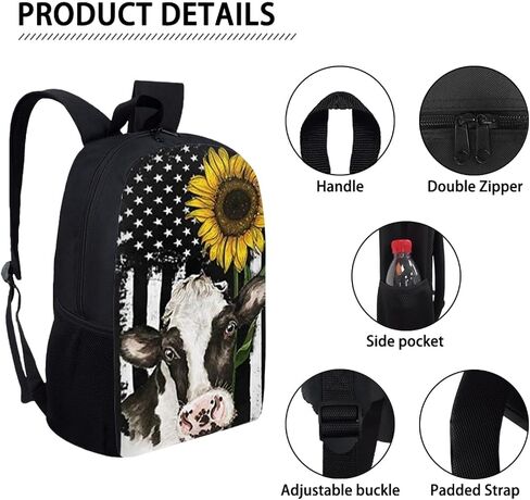 FKELYI American Flag Sunflower Shoulder Bags School Backpack Students Cow Print College Bookbag with Lunch Box Pencil Case in Saudi Arabia