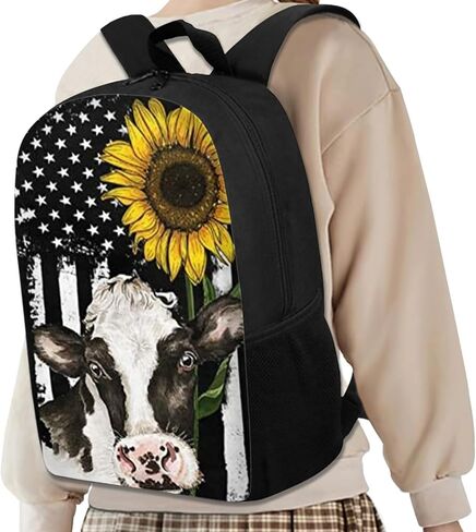 FKELYI American Flag Sunflower Shoulder Bags School Backpack Students Cow Print College Bookbag with Lunch Box Pencil Case in Saudi Arabia