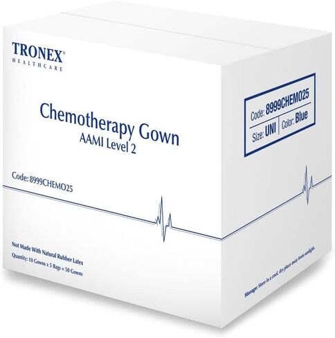 TRONEX 50 Pcs AAMI Level 2 Chemotherapy Gown Chemo-Rated Blue Medical Isolation Gowns Waterproof Hook-and-Loop Neck Closure (Unisize) in Kuwait