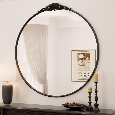 Keonjinn 30" x 30" Round Antique Mirror, Black Vintage Mirrors for Wall with Metal Frame, Circle Vintage Vanity Mirror, Round Bathroom Mirror for Mantle, Living Room, Fireplace, French Cleat Mounting in Saudi Arabia