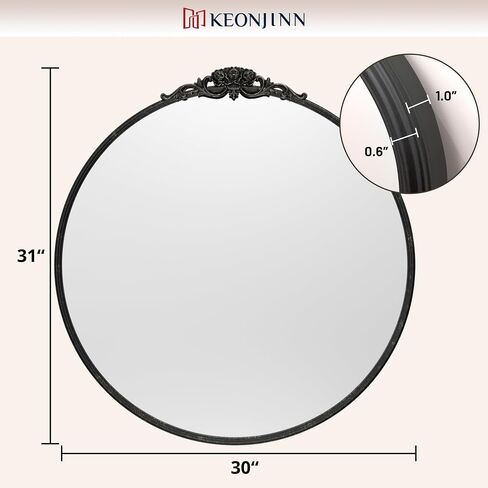 Keonjinn 30" x 30" Round Antique Mirror, Black Vintage Mirrors for Wall with Metal Frame, Circle Vintage Vanity Mirror, Round Bathroom Mirror for Mantle, Living Room, Fireplace, French Cleat Mounting in Saudi Arabia