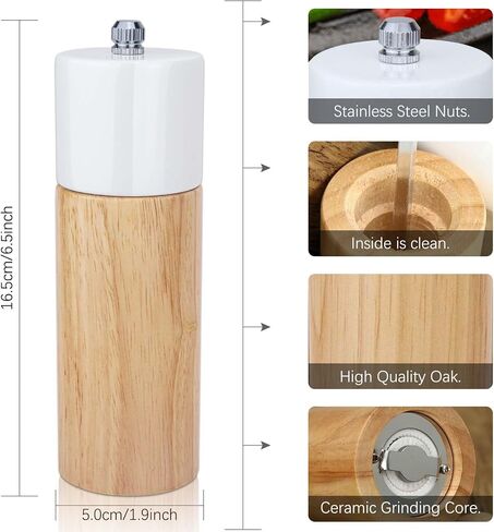 Salt and Pepper Grinder Set, Wooden Pepper Mill Salt Grinders with Adjustable Ceramic Rotor, 6.5 Inch Refillable Spice Grinder Shakers for Kitchen BBQ - 2 Pack (White + Black) in Saudi Arabia