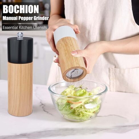 Salt and Pepper Grinder Set, Wooden Pepper Mill Salt Grinders with Adjustable Ceramic Rotor, 6.5 Inch Refillable Spice Grinder Shakers for Kitchen BBQ - 2 Pack (White + Black) in Saudi Arabia