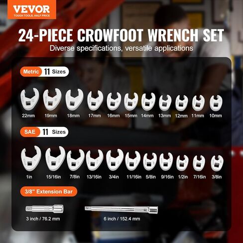 VEVOR 3/8" Drive Crowfoot Wrench Set with 2 Extension Bars, 24-Piece Crows Foot Wrench Set, SAE 3/8"-1" and Metric 10-22 mm, CR-MO Steel Crowfoot Wrench Set, with EVA Tool Organizer in Saudi Arabia