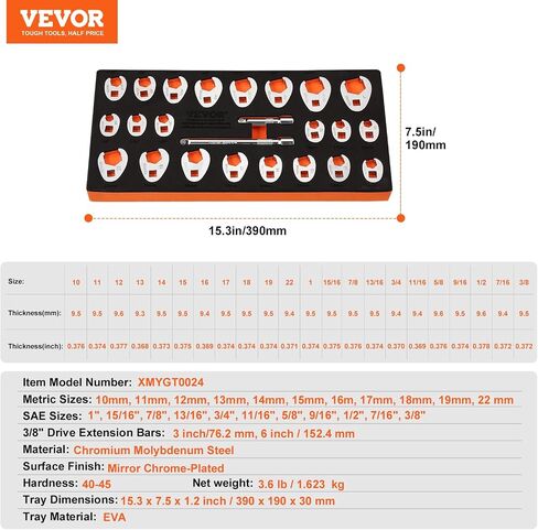 VEVOR 3/8" Drive Crowfoot Wrench Set with 2 Extension Bars, 24-Piece Crows Foot Wrench Set, SAE 3/8"-1" and Metric 10-22 mm, CR-MO Steel Crowfoot Wrench Set, with EVA Tool Organizer in Saudi Arabia