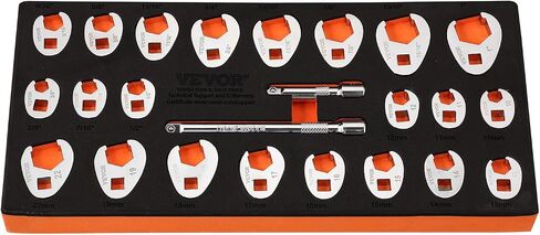VEVOR 3/8" Drive Crowfoot Wrench Set with 2 Extension Bars, 24-Piece Crows Foot Wrench Set, SAE 3/8"-1" and Metric 10-22 mm, CR-MO Steel Crowfoot Wrench Set, with EVA Tool Organizer in Saudi Arabia