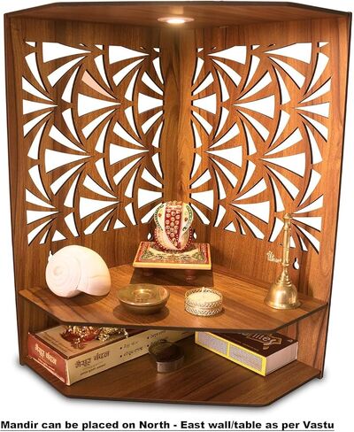 Wooden Temple with LED Spot Light Wall Temple Home Temple Pooja Ghar Puja Temple Mandir Pooja Mandir Best Mandir for Home in USA (Vaayu), Medium, Brown in Saudi Arabia