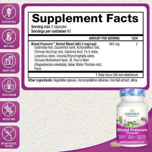 RidgeCrest Herbals Blood Pressure Herbal Formula, 12 Herbs, Poria Mushroom, Gastrodia, Gardenia, for Heart, Vascular, Circulation Health (120 Count) in Saudi Arabia