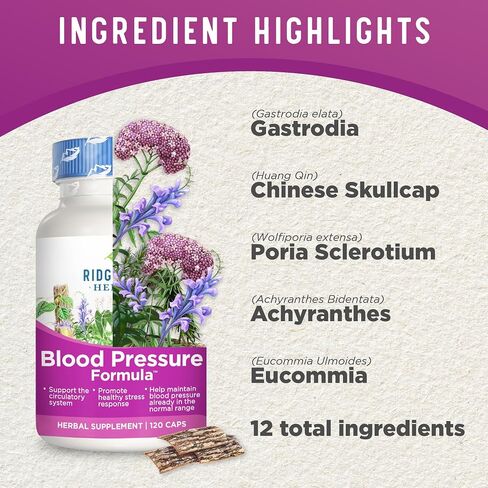 RidgeCrest Herbals Blood Pressure Herbal Formula, 12 Herbs, Poria Mushroom, Gastrodia, Gardenia, for Heart, Vascular, Circulation Health (120 Count) in Saudi Arabia