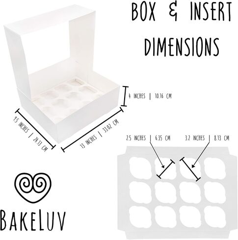 BAKELUV White 12 Cupcake Boxes, Cupcake Containers | 13x9.5x4, 25 Pack | 12 Cupcake Box Bulk, Cupcake Boxes 12 Count Carrier, Option to 14x10x4 Bakery Boxes with Window, ¼ Sheet Cake Box 13x9 Inches in Saudi Arabia