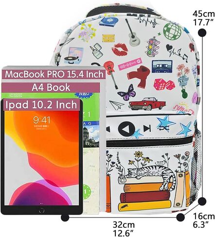 White Cat Backpack for Girls 6-8 Music Backpack for School Waterproof Backpack Adjustable Shoulder Strap 17 Inch in Saudi Arabia