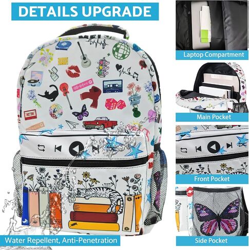 White Cat Backpack for Girls 6-8 Music Backpack for School Waterproof Backpack Adjustable Shoulder Strap 17 Inch in Saudi Arabia