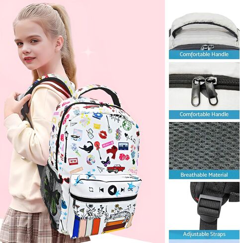 White Cat Backpack for Girls 6-8 Music Backpack for School Waterproof Backpack Adjustable Shoulder Strap 17 Inch in Saudi Arabia