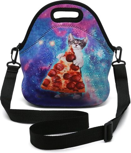 Insulated Neoprene Lunch Bag Removable Shoulder Strap Reusable Thermal Thick Lunch Tote Bags For Women,Teens,Girls,Kids,Baby,Adults-Lunch Boxes For Outdoors,Work,Office,School (Cat Take Pizza) in Saudi Arabia