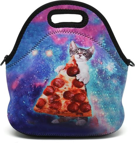 Insulated Neoprene Lunch Bag Removable Shoulder Strap Reusable Thermal Thick Lunch Tote Bags For Women,Teens,Girls,Kids,Baby,Adults-Lunch Boxes For Outdoors,Work,Office,School (Cat Take Pizza) in Saudi Arabia
