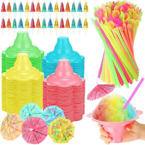 Eaasty 50 Sets Summer Snow Cone Cups and Spoon Straws with Paper Umbrellas Kit, Small Leakproof Reusable Plastic Cups for Shaved Ice Snack Ice Cream Bowls for Holiday Party, 4 oz