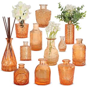 Bud Vases for Centerpieces - Set of 12 Apricot Crush Assorted Glass Bud Vases for Weddings - Bulk Little Colored Tabletop Vase Set - 2024 Color of The Year Mini Boho Vases for Small Flowers