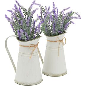 Farmlyn Creek Set of 2 Artificial Lavender Flowers in Milk Jug Vase, Rustic Decorative Vase for Farmhouse Decor (15 in)