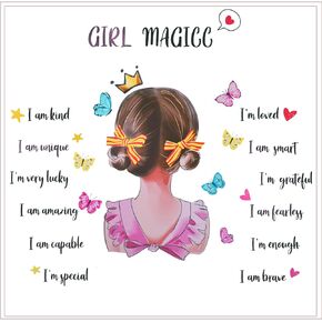 Girl Magic I am Kind Inspirational Wall Decals Pink Princess Butterfly Wall Sticker Motivational Saying Postive Words Wall Decors for DIY Nursery Baby Kids Bedroom Playroom Classroom