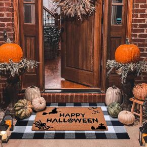 Halloween Decor Doormat Combo Set, 100% Coco Coir Welcome Mat + 28 x 43 Inches Black and White Plaid Rug - Halloween Front Porch Entryway Decor Floor Mat, Outdoor Mats Happy Halloween