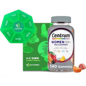 Centrum Women's Multivitamin Multigummies 50 + Dietary Supplement Gummies, 140 Count, with Better Ligth&Spring Guide + Weekly Pill Organizer (3 Items)