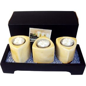Elegant Wooden Votive Candle Tray with 3 Ceramic Towers, Florettes, Decorative Gravel | Ideal for Mood Lighting or Collectibles | includes Gift Box | Dimensions: 10.5" L x 4" W x 4.25" H