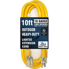 25 ft - 10 Gauge Heavy Duty Extension Cord - Lighted SJTW - Indoor/Outdoor Extension Cord by Watt's Wire - 25' 10-Gauge Grounded 15 Amp Extension Cord