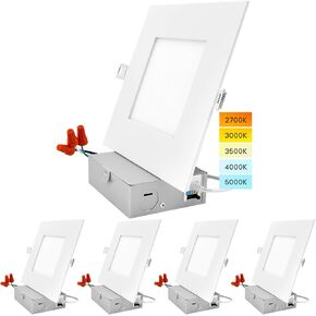 LUXRITE 12 Pack 6 Inch Ultra Thin Square LED Recessed Lighting, 5 Color Options 2700K - 5000K, Dimmable LED Downlight, 12W, IC & Wet Rated, 1000 Lumens, Canless LED Recessed Light, ETL